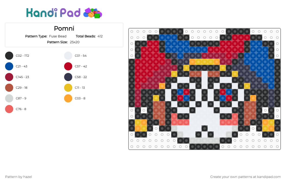 Pomni - Fuse Bead Pattern by hazel on Kandi Pad - blue,red,pomni,tadc,the amazing digital circus,clown,digital,circus,amazing,cartoon