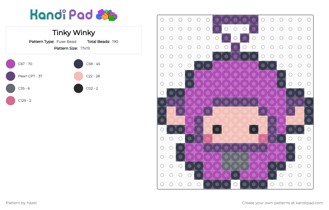 Tinky Winky - Fuse Bead Pattern by hazel on Kandi Pad - cartoon, kids, pink, purple, teletubbies, tinky winky