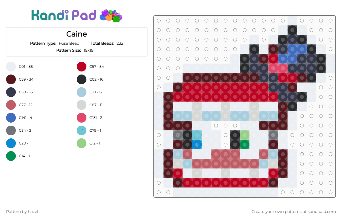 Caine - Fuse Bead Pattern by hazel on Kandi Pad - white,red,purple,brown,caine,tdac,the amazing digital circus,circus,digital,amazing,glitch,teeth