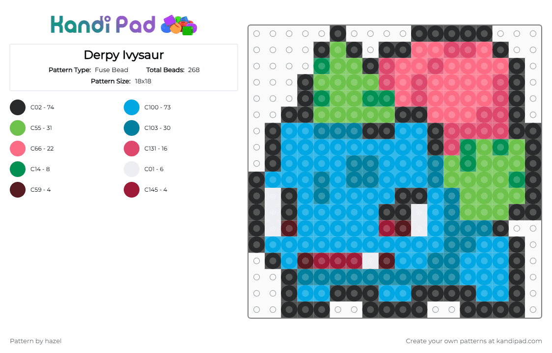 Derpy Ivysaur - Fuse Bead Pattern by hazel on Kandi Pad - anime, cartoon, green, ivysaur, light blue, pokemon, red
