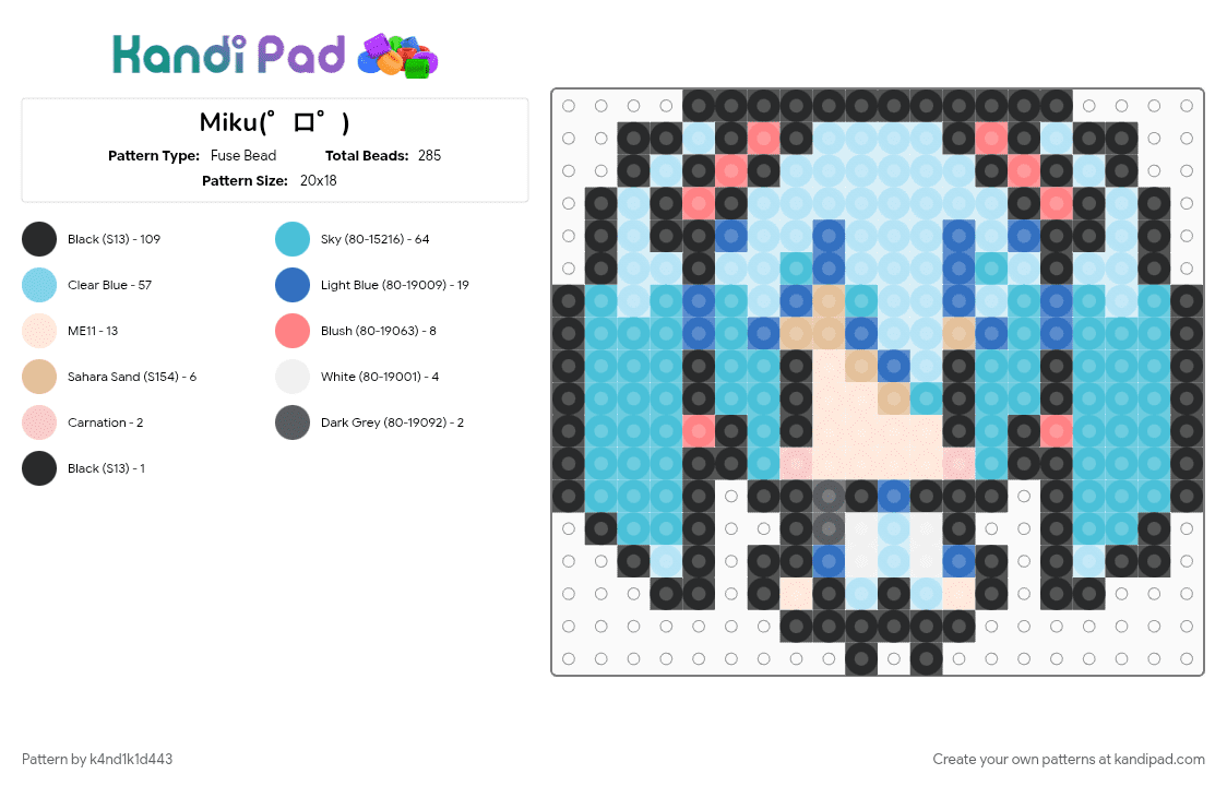 Miku(゜ロ゜) - Fuse Bead Pattern by k4nd1k1d443 on Kandi Pad - light blue