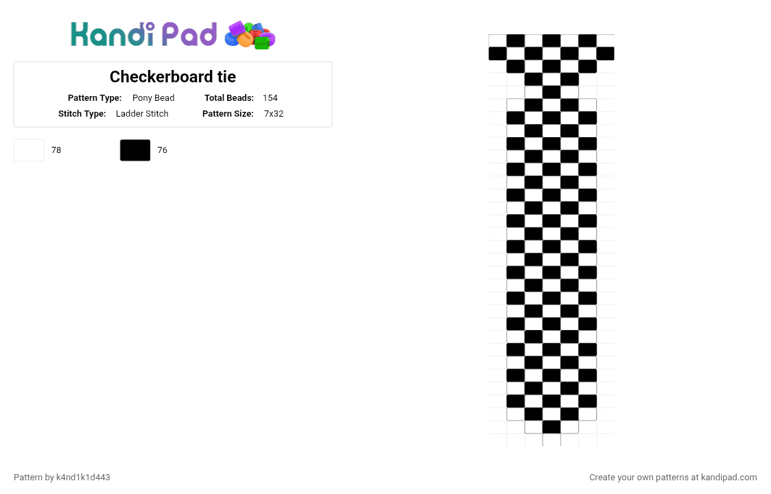 Checkerboard tie - Pony Bead Pattern by k4nd1k1d443 on Kandi Pad - white,black