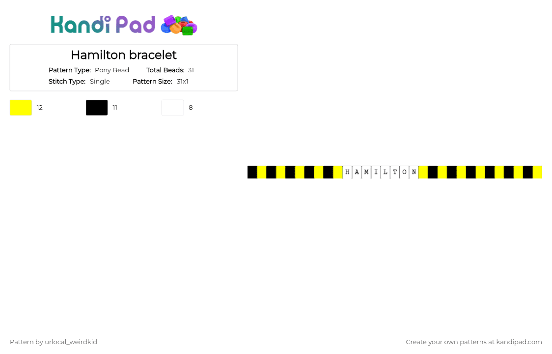 Hamilton bracelet - Pony Bead Pattern by urlocal_weirdkid on Kandi Pad - white,yellow