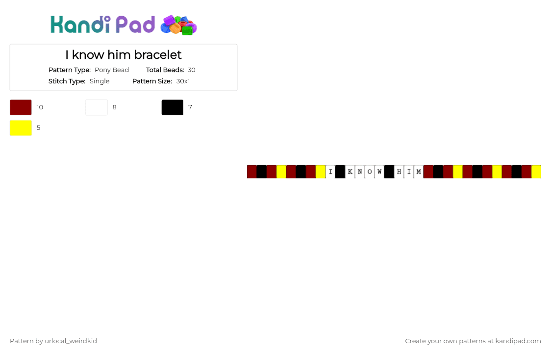 I know him bracelet - Pony Bead Pattern by urlocal_weirdkid on Kandi Pad - red,yellow