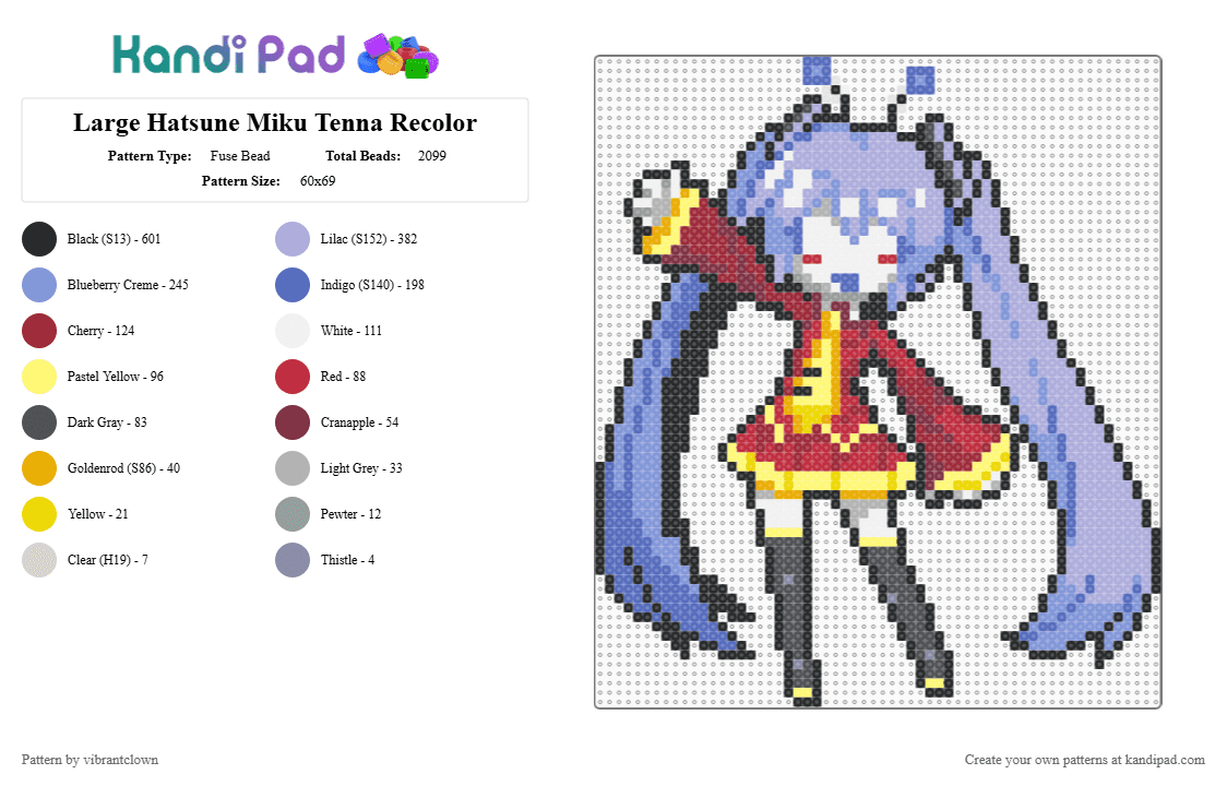 Large Hatsune Miku Tenna Recolor - Fuse Bead Pattern by vibrantclown on Kandi Pad - red,pink,light blue,blue,hatsune miku recolor,tenna recolor