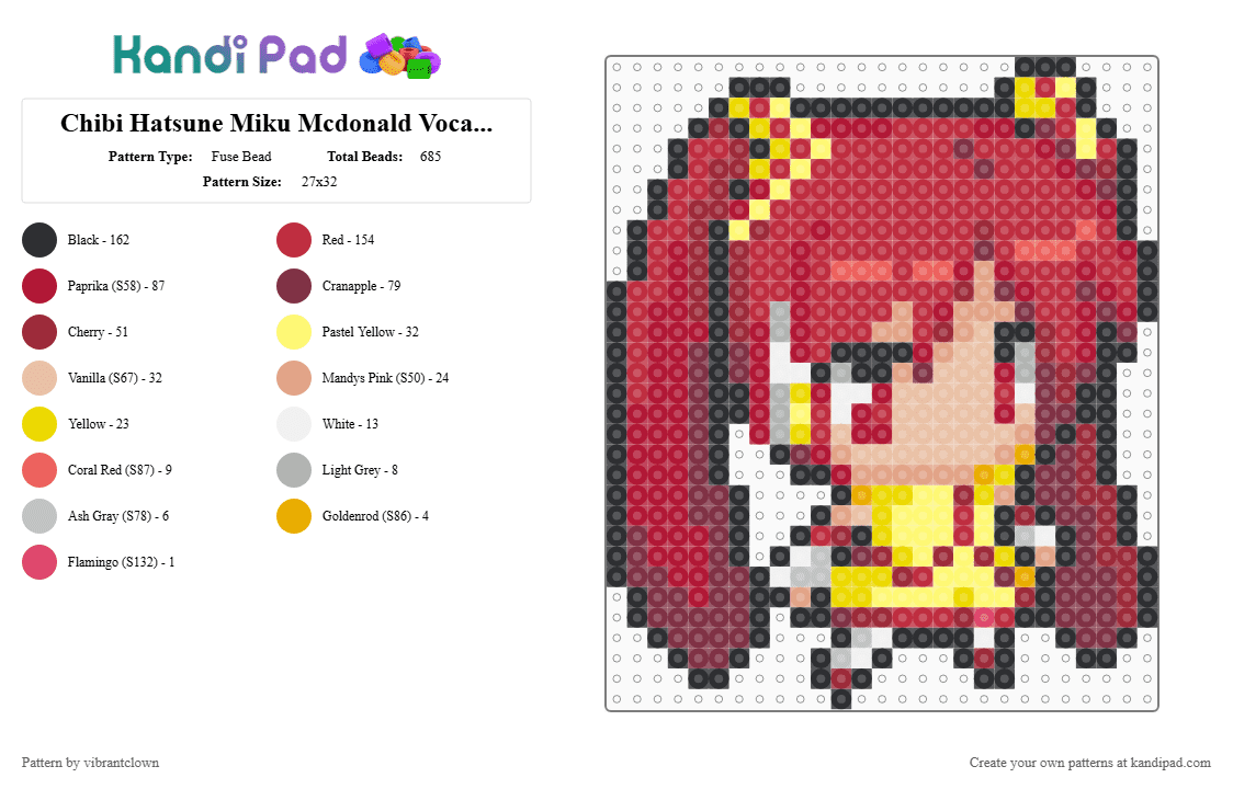 Chibi Hatsune Miku Mcdonald Vocaloid Perler - Fuse Bead Pattern by vibrantclown on Kandi Pad - red,vocaloid,hatsune miku,miku recolor,mcdonald miku,recolor