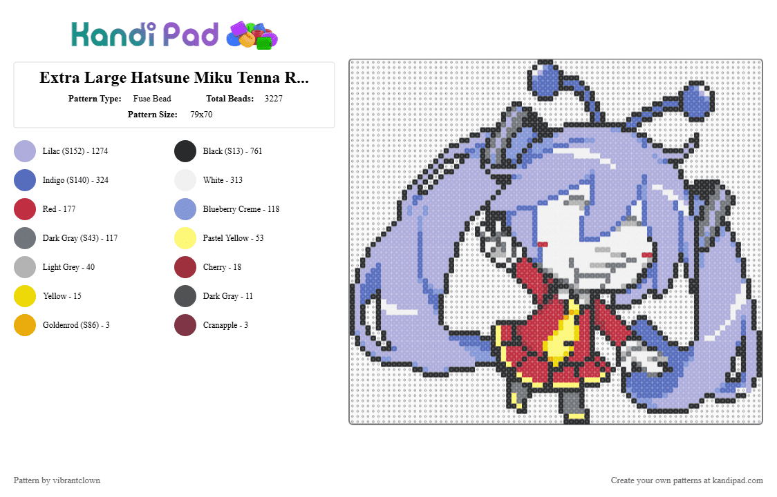 Extra Large Hatsune Miku Tenna Recolor - Fuse Bead Pattern by vibrantclown on Kandi Pad - blue,pink,hatsune miku recolor,tenna miku