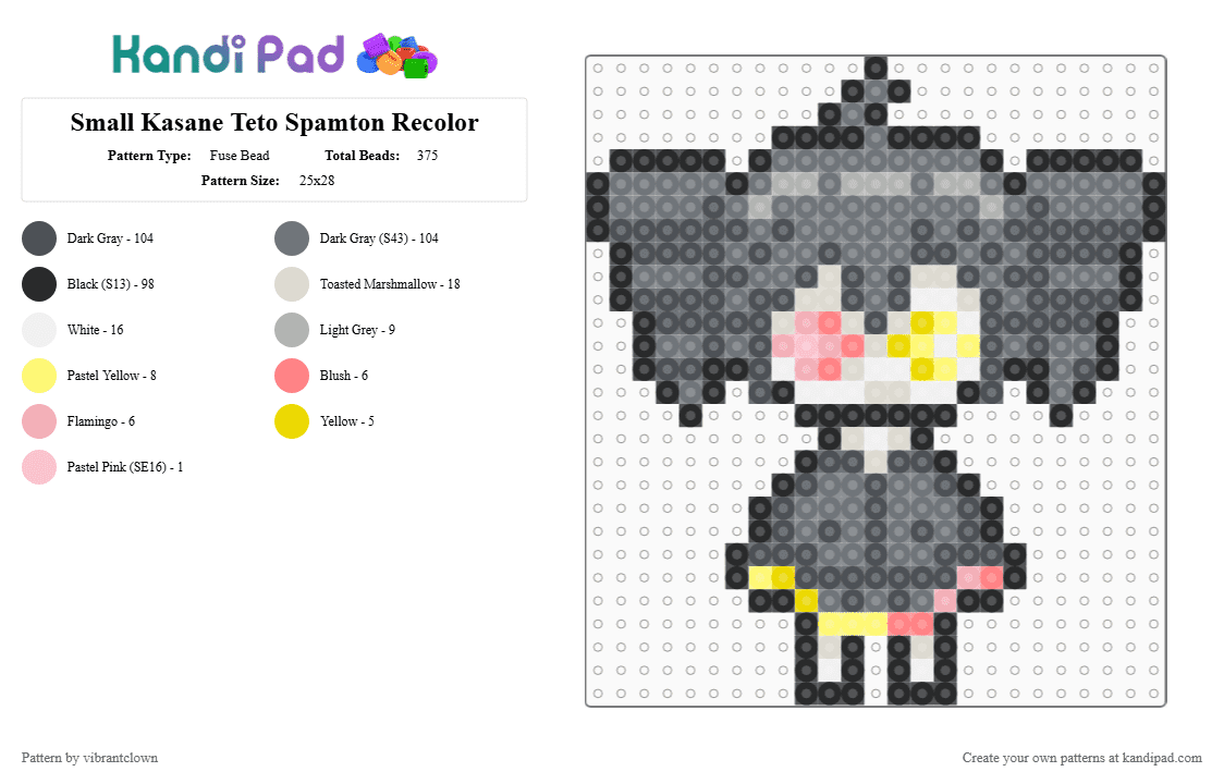 Small Kasane Teto Spamton Recolor - Fuse Bead Pattern by vibrantclown on Kandi Pad - caine recolor, gray, kasane teto, spamton recolor, teto recolor