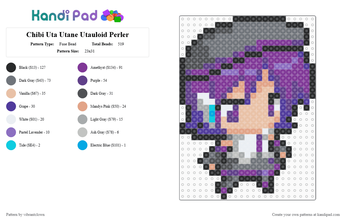 Chibi Uta Utane Utauloid Perler - Fuse Bead Pattern by vibrantclown on Kandi Pad - gray,pink,purple,beige,uta,uta utane,utau,vocaloid,utauloid