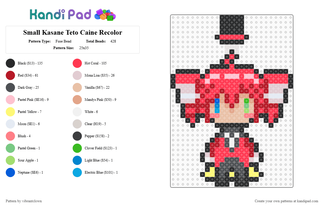 Small Kasane Teto Caine Recolor - Fuse Bead Pattern by vibrantclown on Kandi Pad - gray,red,beige,kasane teto,teto recolor,caine recolor