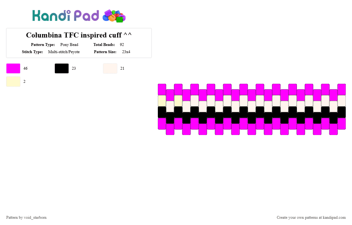 Columbina TFC inspired cuff ^^ - Pony Bead Pattern by void_starborn on Kandi Pad - bracelet, columbina, cuff, horror, pink, tfc, thefreakcircus