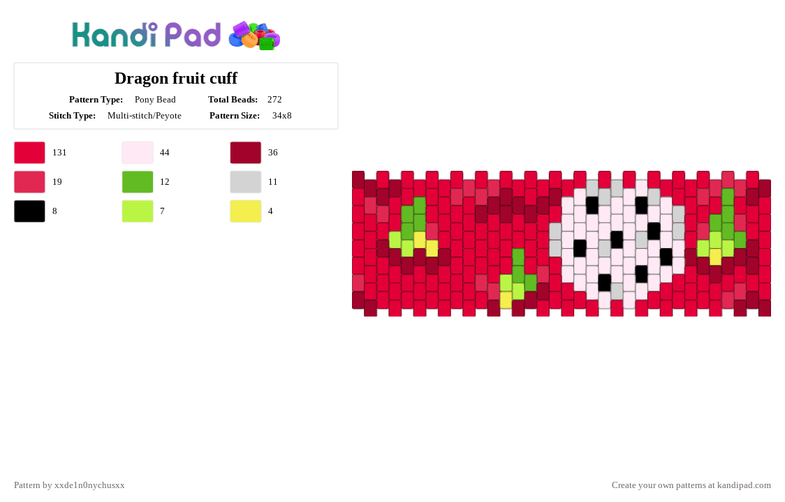 Dragon fruit cuff - Pony Bead Pattern by jougennotsuki on Kandi Pad - red,dragonfruit,fruit,food,plant,fruity,pink,nature
