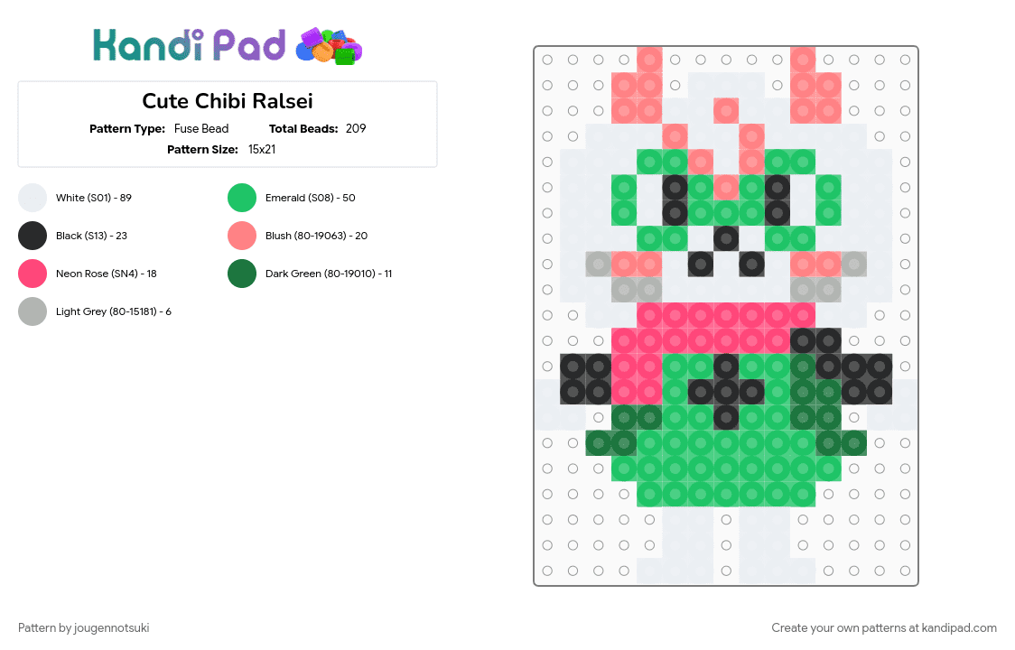 Cute Chibi Ralsei - Fuse Bead Pattern by jougennotsuki on Kandi Pad - deltarune, green, indie game, ralsei, ralsei deltarune, red, toby fox, video game