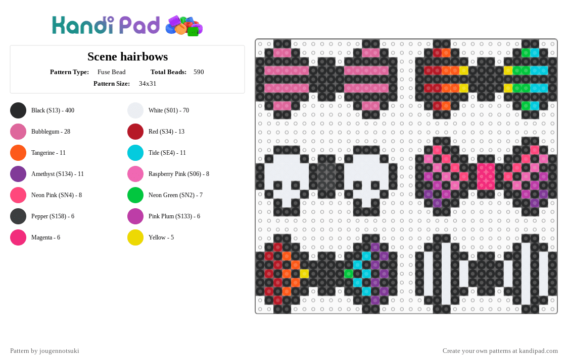 Scene hairbows - Fuse Bead Pattern by jougennotsuki on Kandi Pad - black,pink,red,hairbow,bow,scene,scenecore,emo,alt