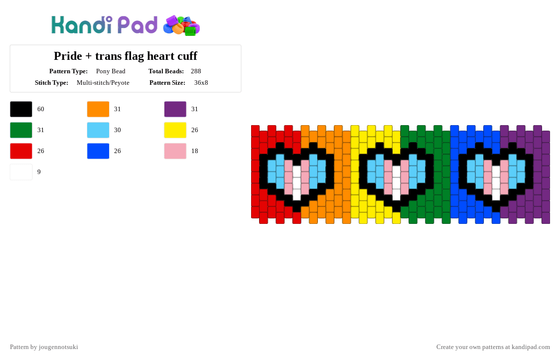 Pride + trans flag heart cuff - Pony Bead Pattern by jougennotsuki on Kandi Pad - orange,light blue,pink,green,gay,trans,lgbtq,prideflag,pridemonth,rainbow