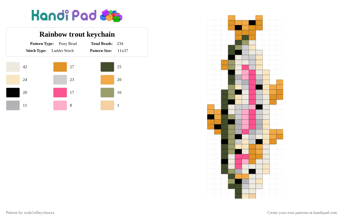 Rainbow trout keychain - Pony Bead Pattern by jougennotsuki on Kandi Pad - animal, beige, fish, keychain, nature, orange, rainbow, trout