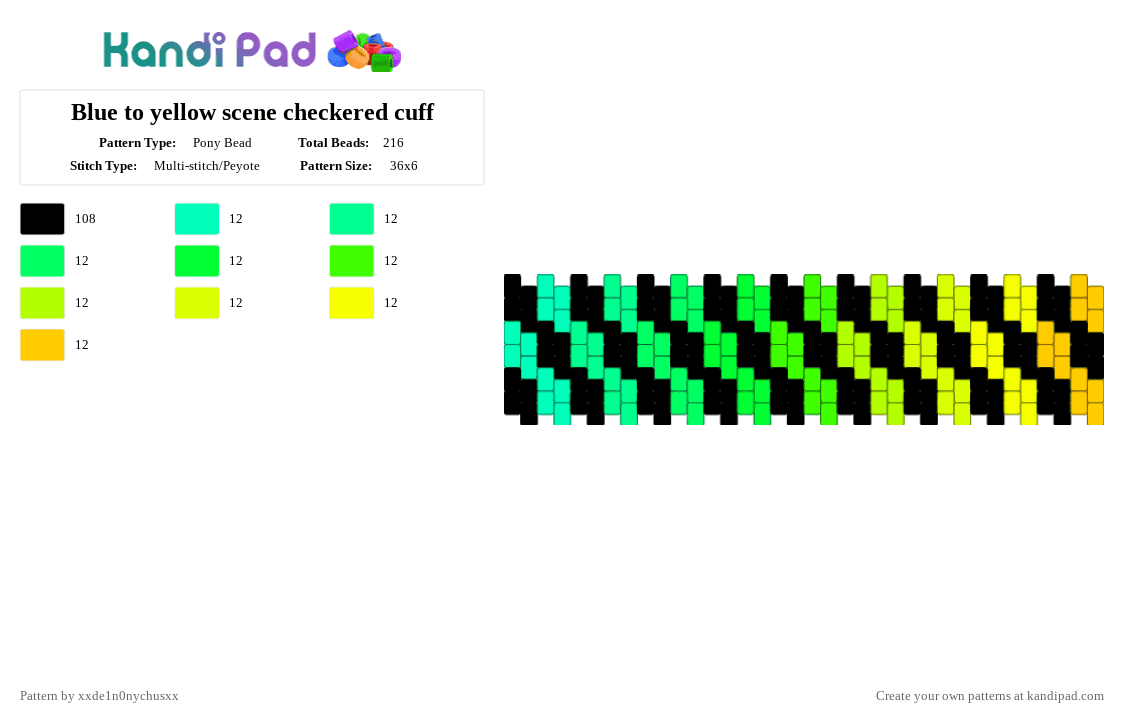 Blue to yellow scene checkered cuff - Pony Bead Pattern by jougennotsuki on Kandi Pad - teal,green,yellow,blue,checker,scene,emo,rainbow,alt