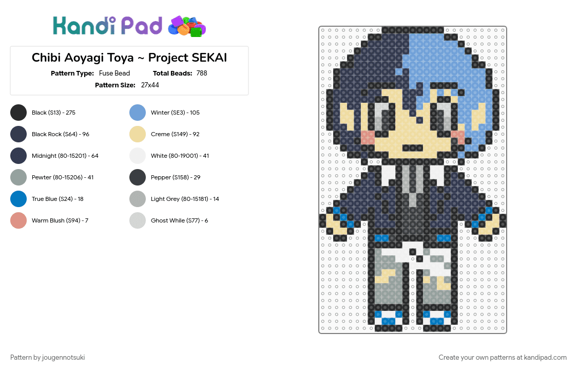 Chibi Aoyagi Toya ~ Project SEKAI - Fuse Bead Pattern by jougennotsuki on Kandi Pad - aoyagi toya, beige, light blue, pjsk, project sekai, purple, toya, toya aoyagi, vivid bad squad
