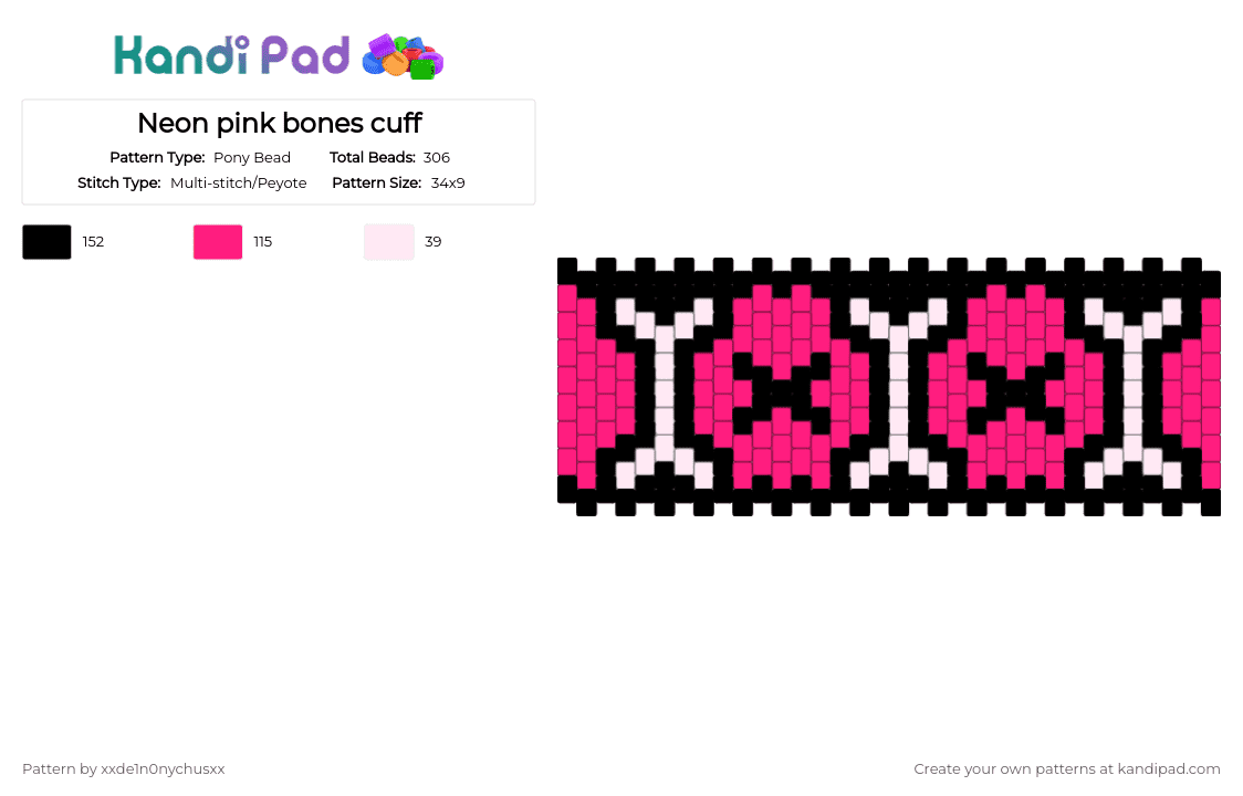 Neon pink bones cuff - Pony Bead Pattern by jougennotsuki on Kandi Pad - pink,scene,bone,skeleton,black,emo,alt,neon