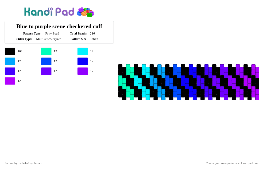 Blue to purple scene checkered cuff - Pony Bead Pattern by jougennotsuki on Kandi Pad - black,purple,blue,checker,scene,rainbow,alt,emo