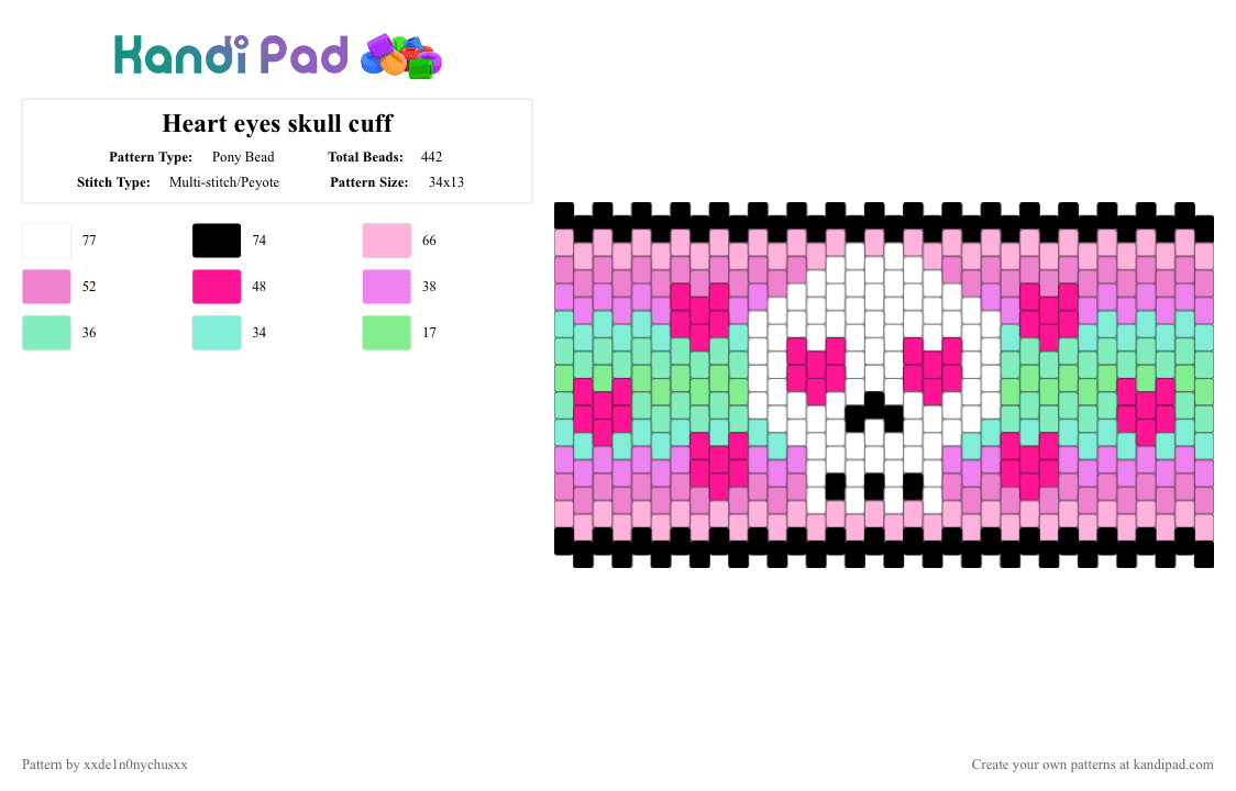 Heart eyes skull cuff - Pony Bead Pattern by jougennotsuki on Kandi Pad - pink,scene,emo,skull,alt,green