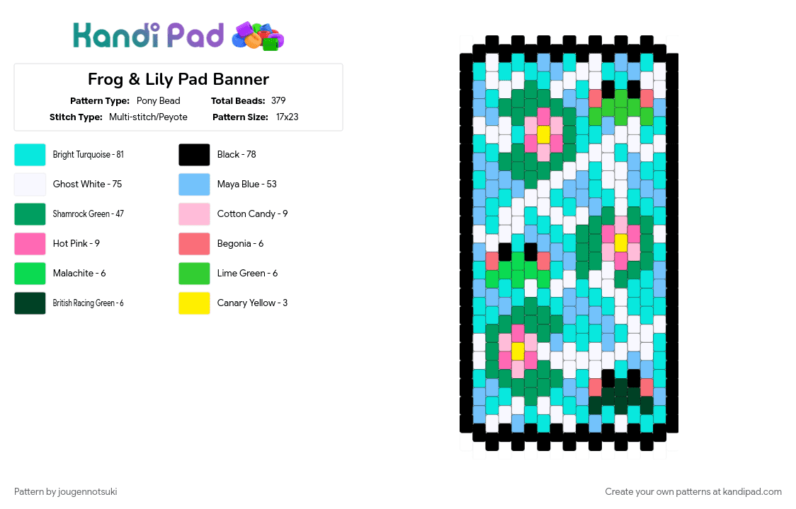 Frog & Lily Pad Banner - Pony Bead Pattern by jougennotsuki on Kandi Pad - amphibian, cute, frog, green, light blue, lily pad, nature
