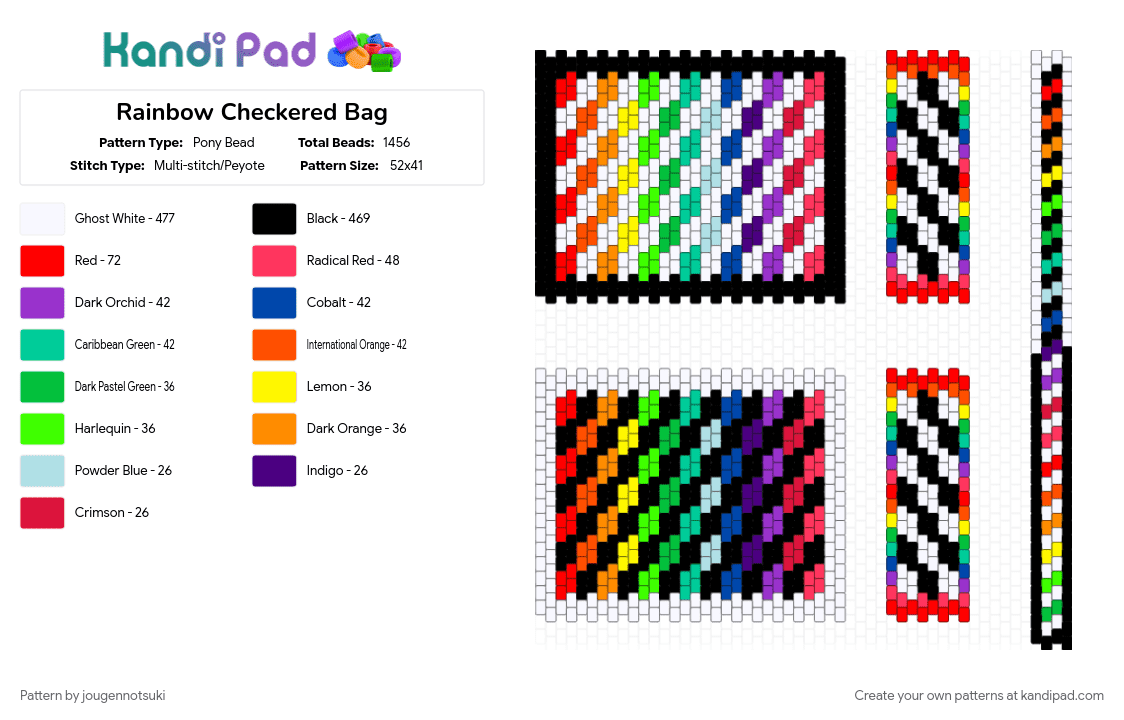 Rainbow Checkered Bag - Pony Bead Pattern by jougennotsuki on Kandi Pad - bag, checkered, colorful, green, rainbow, red, scene, scenecore, tote bag, white