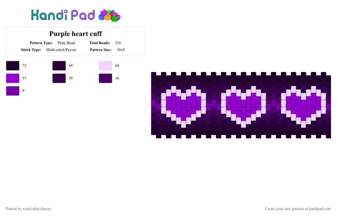 Purple heart cuff - Pony Bead Pattern by jougennotsuki on Kandi Pad - pink,purple,heart,ombre