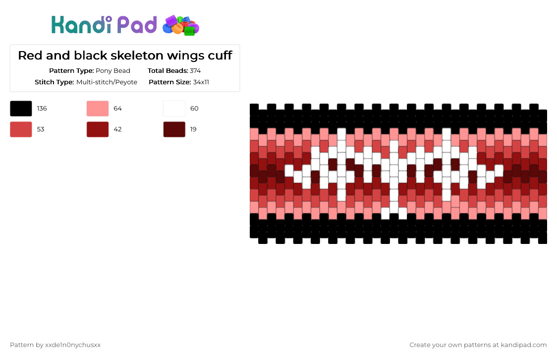 Red and black skeleton wings cuff - Pony Bead Pattern by jougennotsuki on Kandi Pad - red,beige,skeleton,black,wings,goth,alt