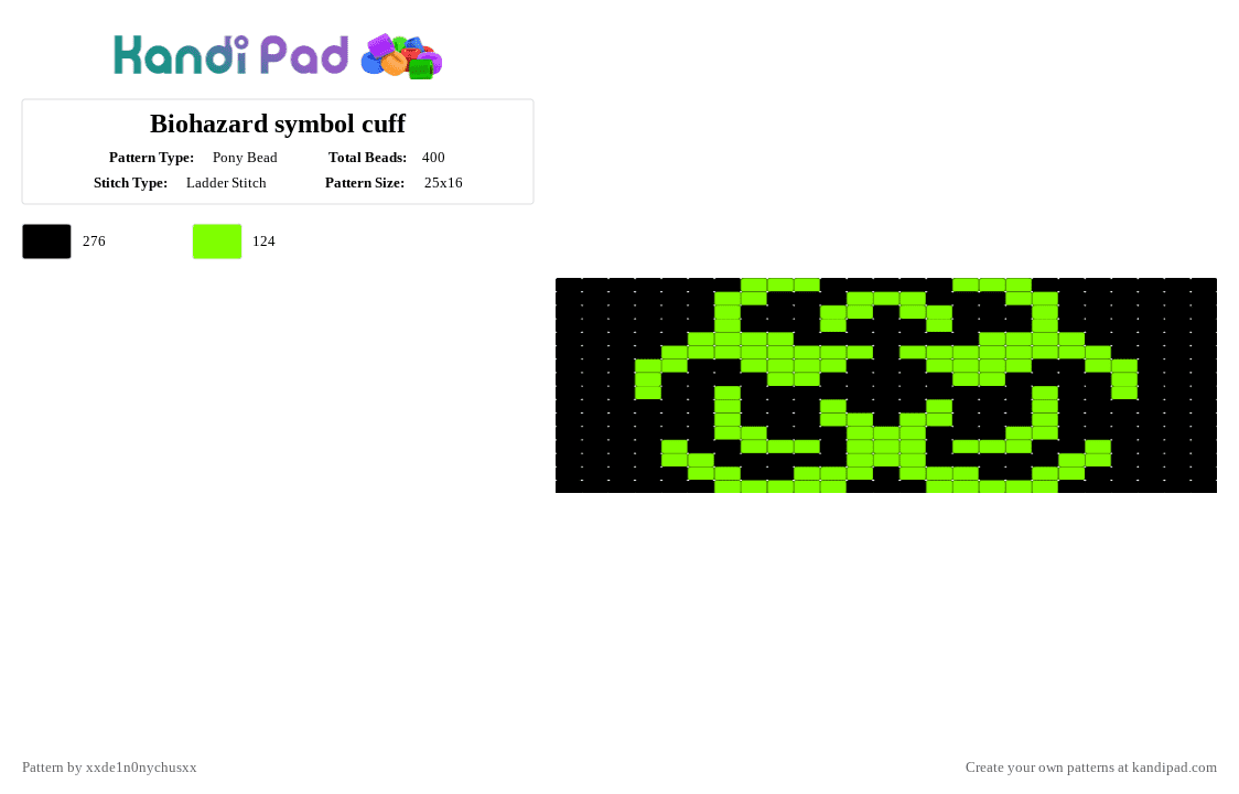 Biohazard symbol cuff - Pony Bead Pattern by jougennotsuki on Kandi Pad - black,green,cotdsymbols,symbol,biohazard,alternative,toxic,scene,emo