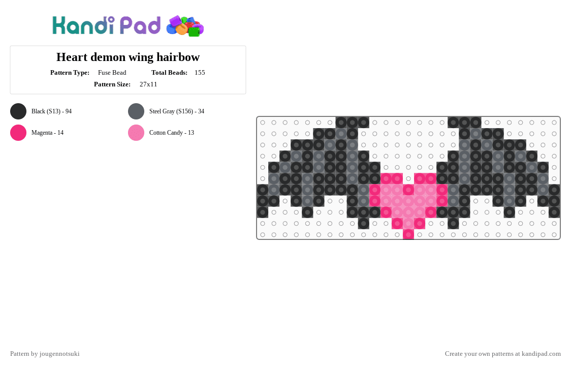 Heart w/ demon wings - Fuse Bead Pattern by jougennotsuki on Kandi Pad - pink,gray,hairbow,heart,demon,bow,goth,pastelgoth,alt