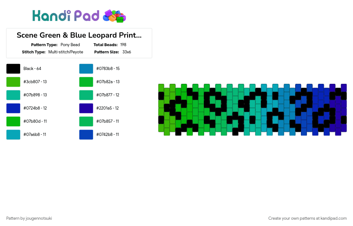 Scene Green & Blue Leopard Print Cuff - Pony Bead Pattern by jougennotsuki on Kandi Pad - alt, animal print, blue, green, leopard print, scene, scenecore, scenemo, teal
