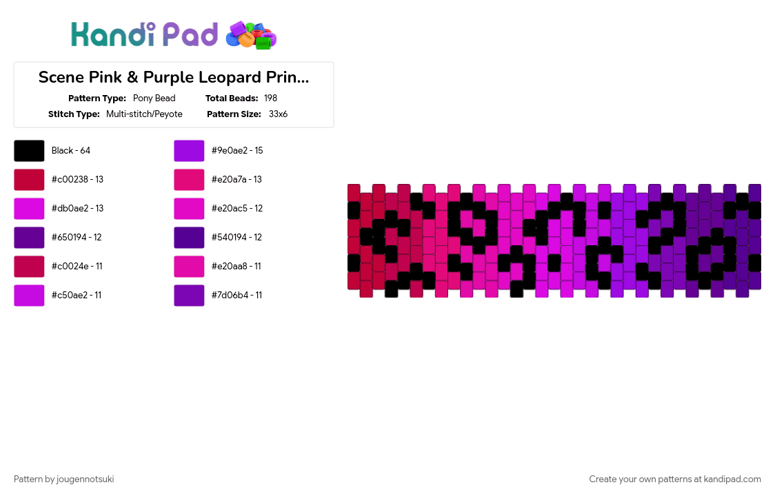 Scene Pink & Purple Leopard Print Cuff - Pony Bead Pattern by jougennotsuki on Kandi Pad - alternative, animal print, leopard print, pink, purple, scene, scenecore, scenemo