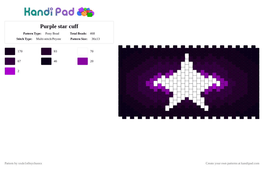 Purple star cuff - Pony Bead Pattern by jougennotsuki on Kandi Pad - black,white,star,purple,dark,alt