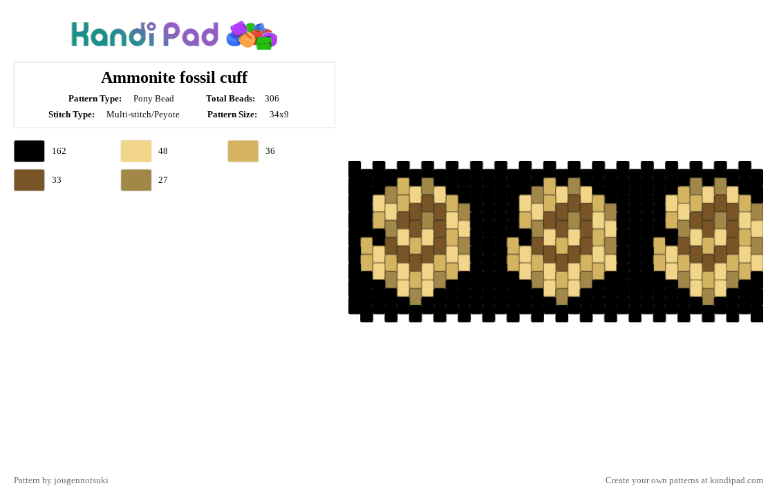 Ammonite fossil cuff - Pony Bead Pattern by jougennotsuki on Kandi Pad - black,orange,yellow,fossil,ammonite,paleontology,mesozoic,paleozoic