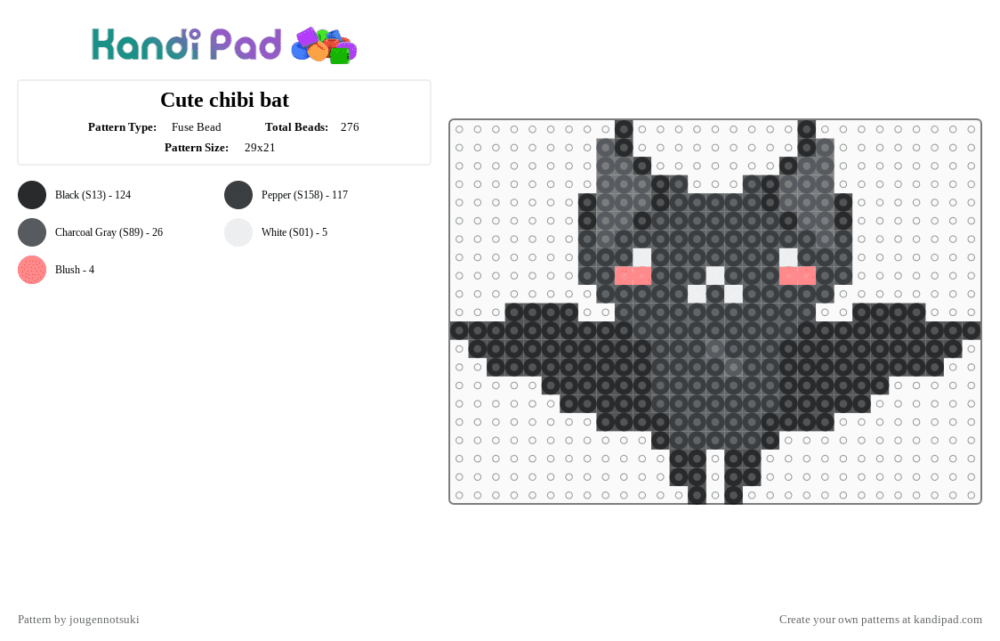 Cute chibi bat - Fuse Bead Pattern by jougennotsuki on Kandi Pad - animal, bat, black, chibi, cute, goth, gray, halloween, kawaii, spooky
