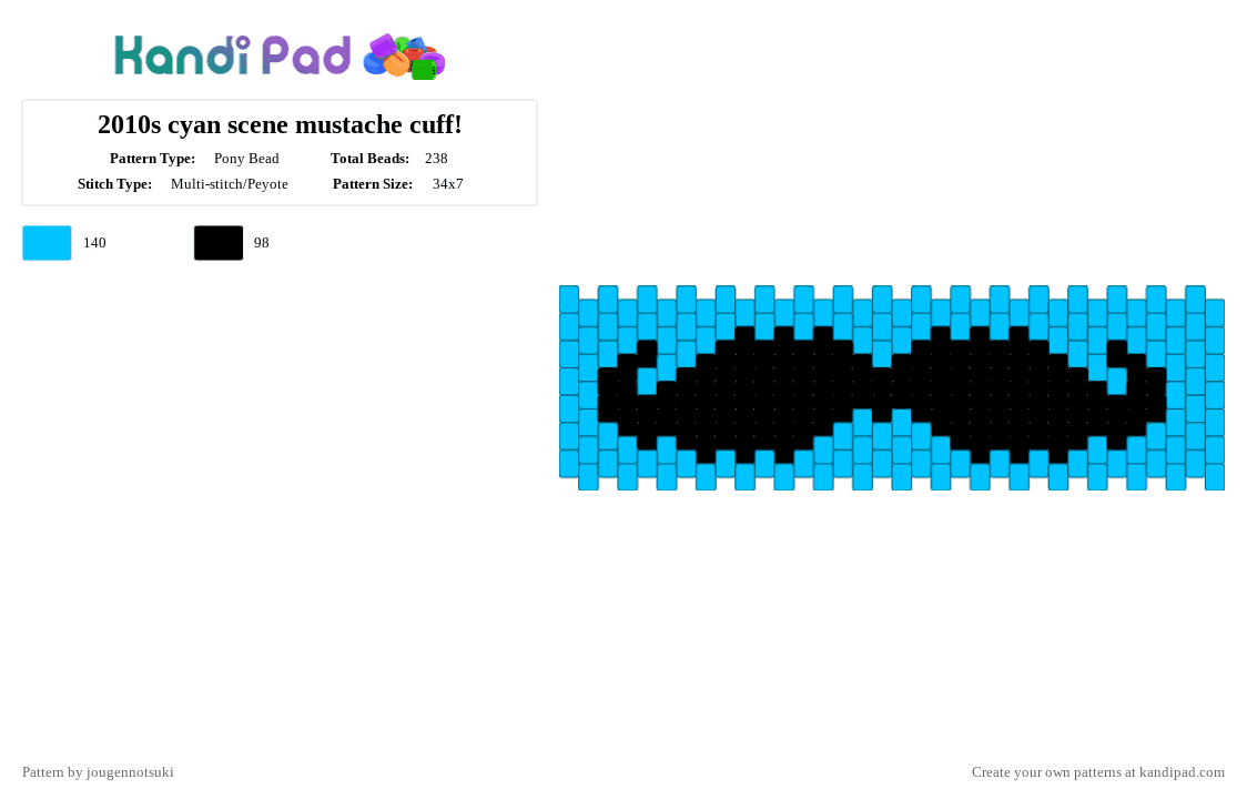2010s cyan scene mustache cuff! - Pony Bead Pattern by jougennotsuki on Kandi Pad - black,light blue,scene,2010s,mustache,neon,cyan,scenemo