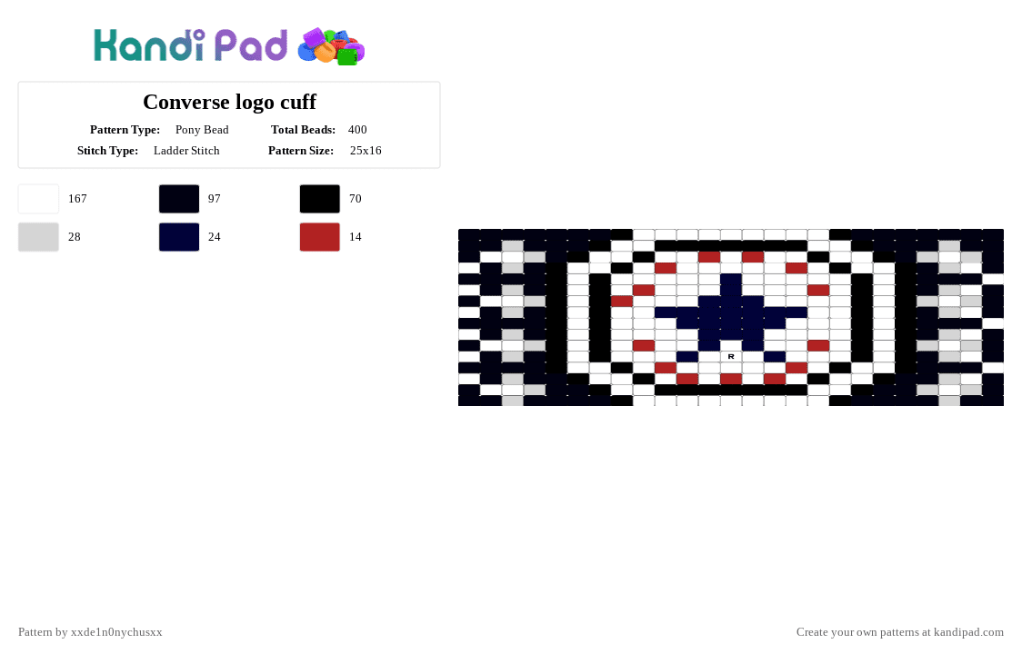 Converse logo cuff - Pony Bead Pattern by jougennotsuki on Kandi Pad - white,emo,scene,converse,alt,alternative,shoe,grunge