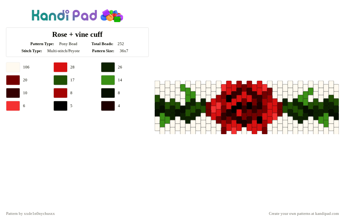 Rose + vine cuff - Pony Bead Pattern by jougennotsuki on Kandi Pad - white,brown,red,flower,rose,nature,pretty,plant