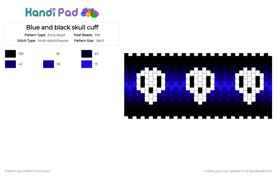 Blue and black skull cuff - Pony Bead Pattern by jougennotsuki on Kandi Pad - white,purple,skull,black,blue,scene,emo,alt,goth