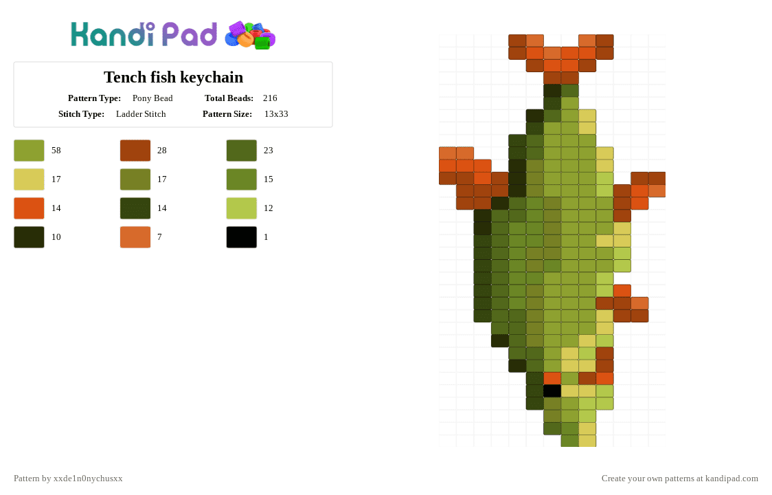 Tench fish keychain - Pony Bead Pattern by jougennotsuki on Kandi Pad - red,gold,green,fish,nature,animal,tench,keychain