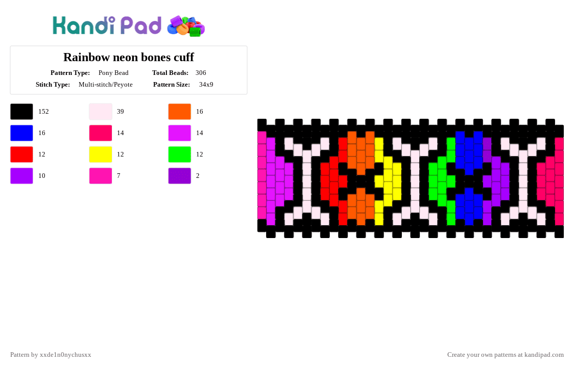 Rainbow neon bones cuff - Pony Bead Pattern by jougennotsuki on Kandi Pad - black,red,purple,pink,scene,rainbow,neon,alt,emo,bones,skeleton