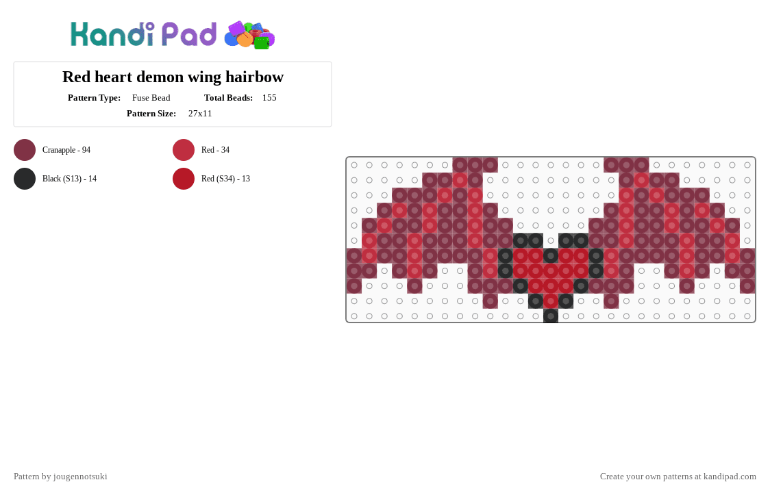 Red heart w/ demon wings - Fuse Bead Pattern by jougennotsuki on Kandi Pad - brown,red,hairbow,heart,demon,wings,goth,alt,emo,bow