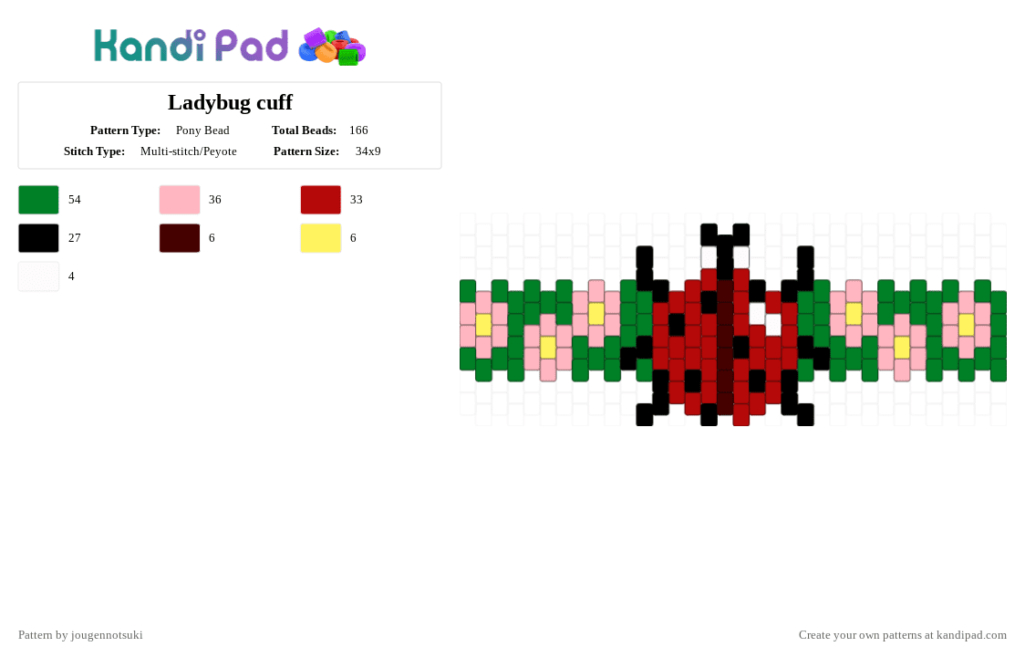 Ladybug cuff - Pony Bead Pattern by jougennotsuki on Kandi Pad - red,green,pink,cotdinsects,insect,ladybug,bug,nature,animal,cute
