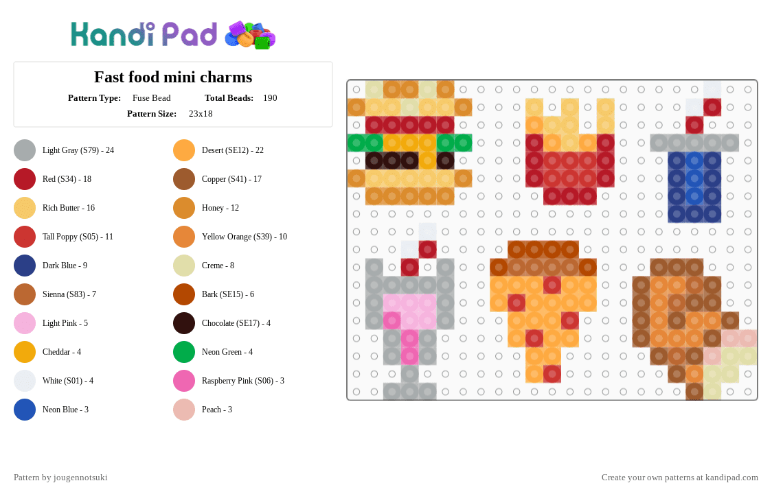 Fast food mini charms - Fuse Bead Pattern by jougennotsuki on Kandi Pad - orange,red,gray,colorful,food,fastfood,charm,cute,pizza,burger,frenchfries,chickennugget