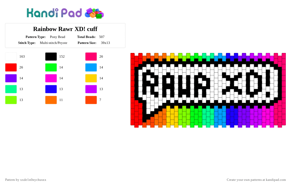 Rainbow Rawr XD! cuff - Pony Bead Pattern by jougennotsuki on Kandi Pad - white,purple,pink,red,colorful,scene,rawr,scenecore,emo,y2k,2000s,alt,rainbow