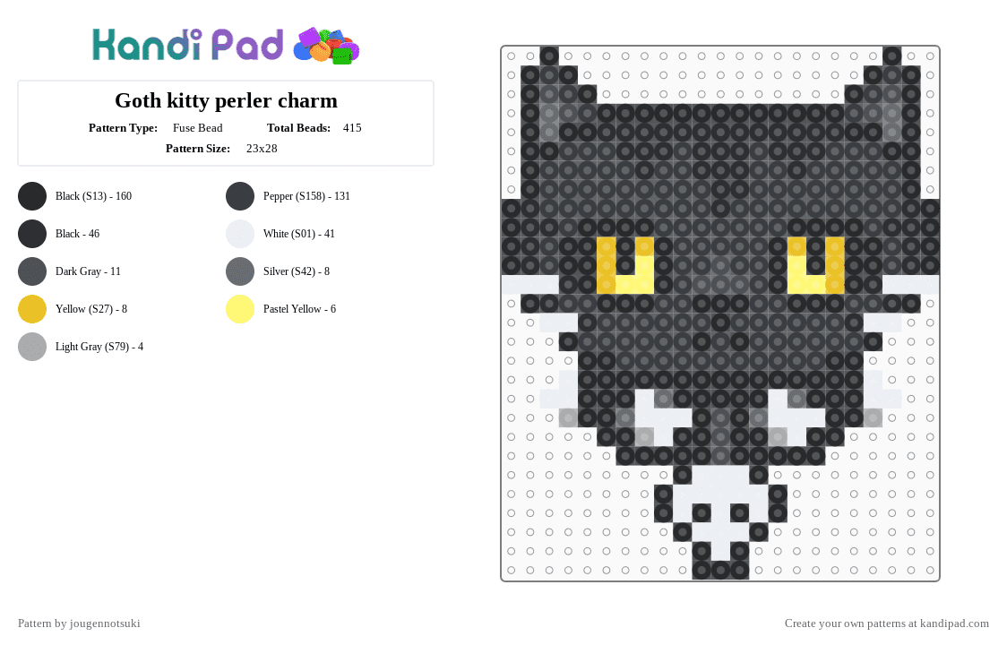 Goth kitty perler charm - Fuse Bead Pattern by jougennotsuki on Kandi Pad - black,gray,yellow,cat,kitty,goth,alt,alternative,meow