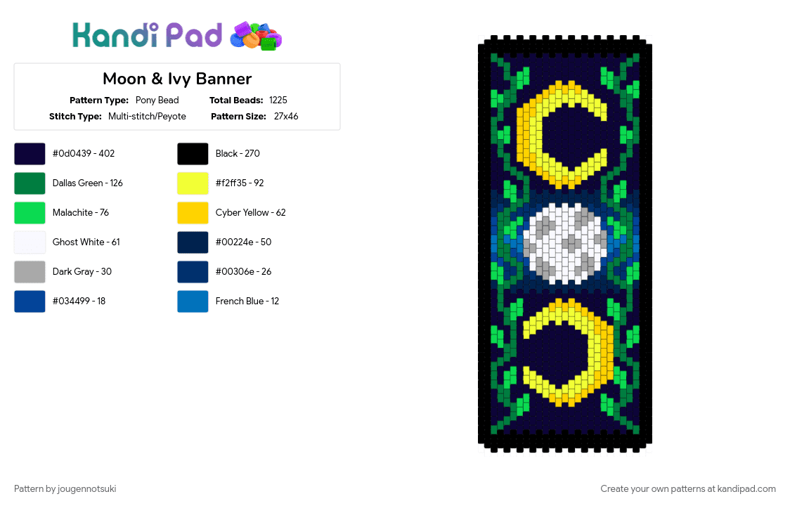 Moon & Ivy Banner - Pony Bead Pattern by jougennotsuki on Kandi Pad - black, blue, green, ivy, moon, nature, night, yellow