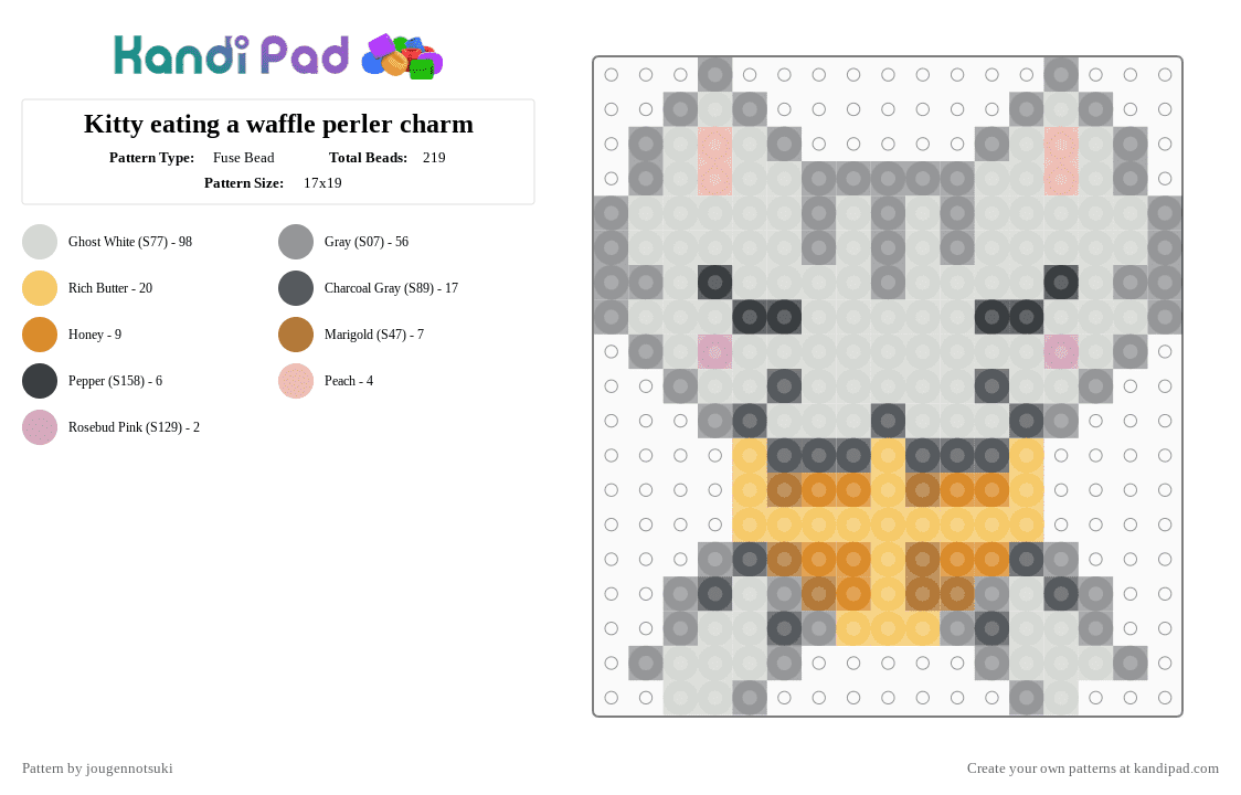 Kitty eating a waffle perler charm - Fuse Bead Pattern by jougennotsuki on Kandi Pad - white,gray,yellow,cute,cat,kitty,waffle,food,kawaii