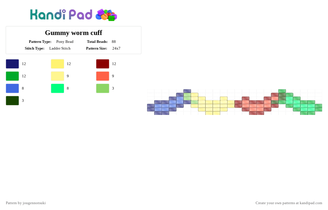 Gummy worm cuff - Pony Bead Pattern by jougennotsuki on Kandi Pad - yellow,red,green,cotdinsects,worm,gummyworm,bug,candy,gummy,insect,cute